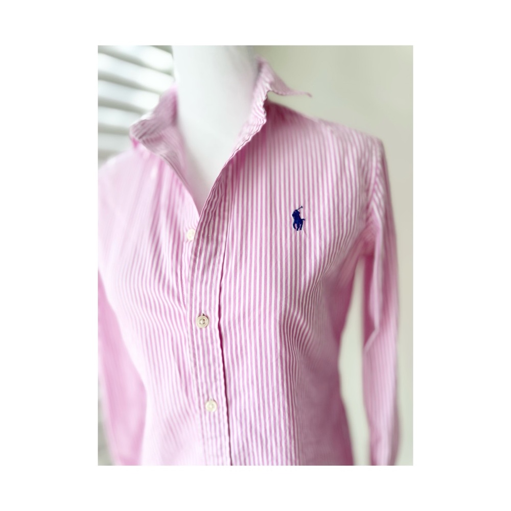 Ralph Lauren Pink Striped Button-Down Shirt with Navy Logo
